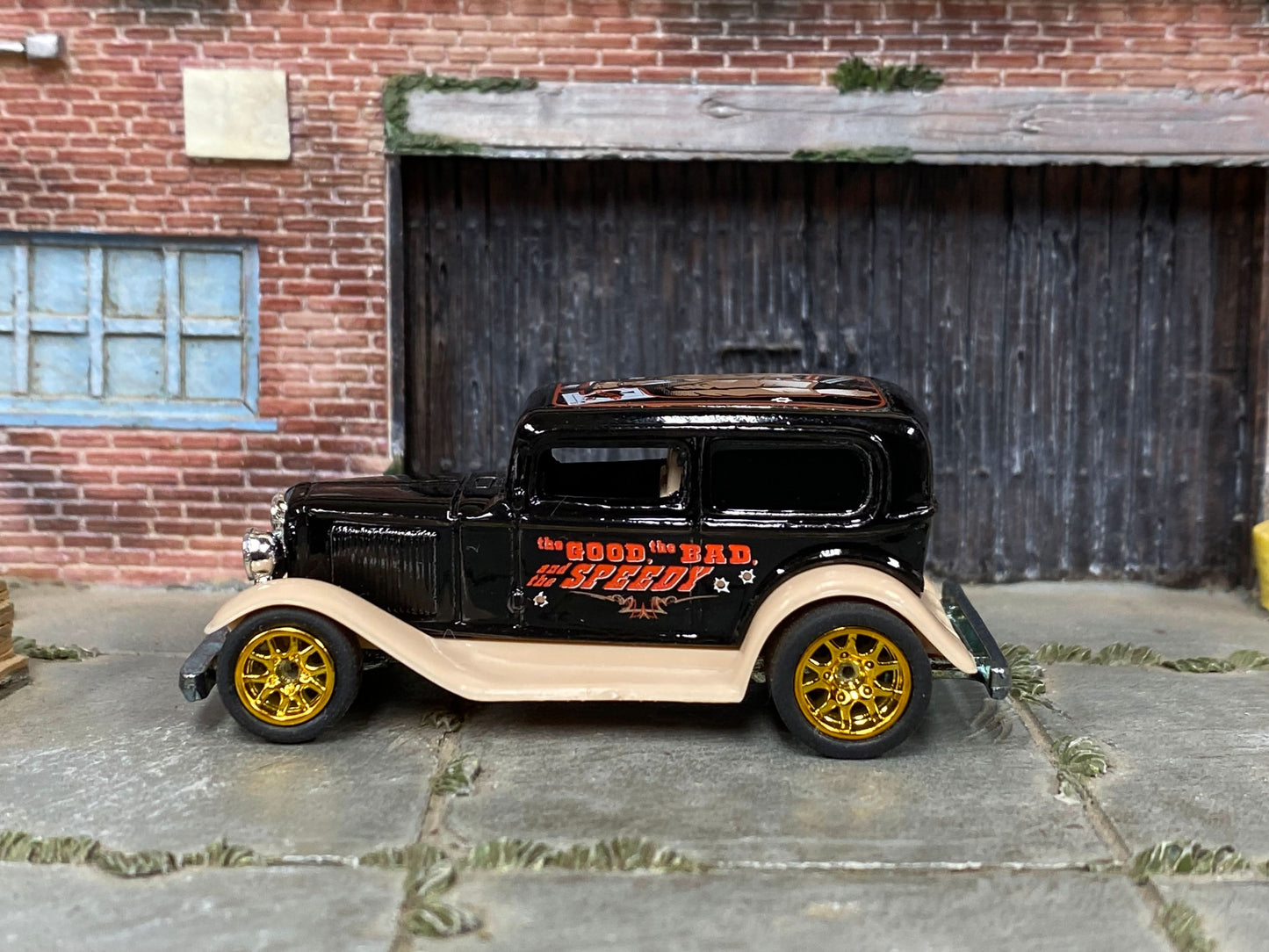 Custom Hot Wheels - 1930 Ford Model A - Black and Tan "The good, The Bad and the Speedy" - Gold Mag Wheels - Rubber Tires