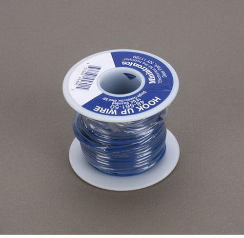 Miniatronics 48-561-50 blue 16-gauge wire on its labeled 50-foot spool.