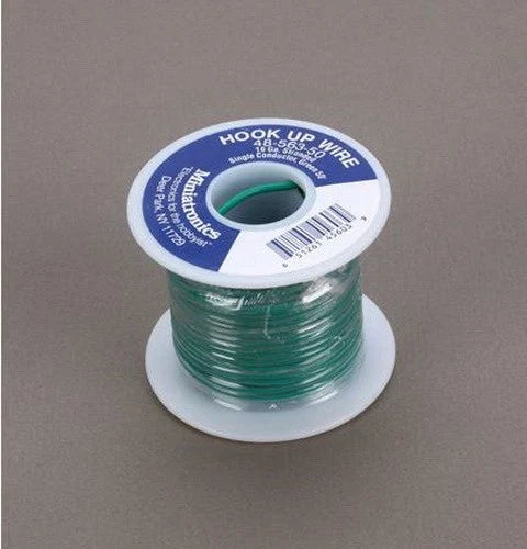Miniatronics 48-563-50 green 16-gauge wire on its labeled 50-foot spool.
