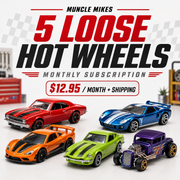 Five loose Hot Wheels monthly subscription from Muncle Mikes, $12.95 per month plus shipping