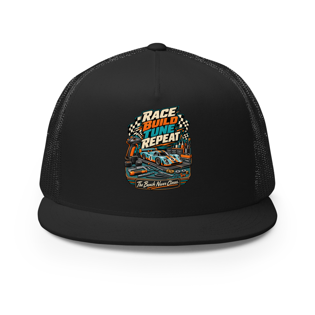 Race Build Tune Repeat Trucker Hat product mockup