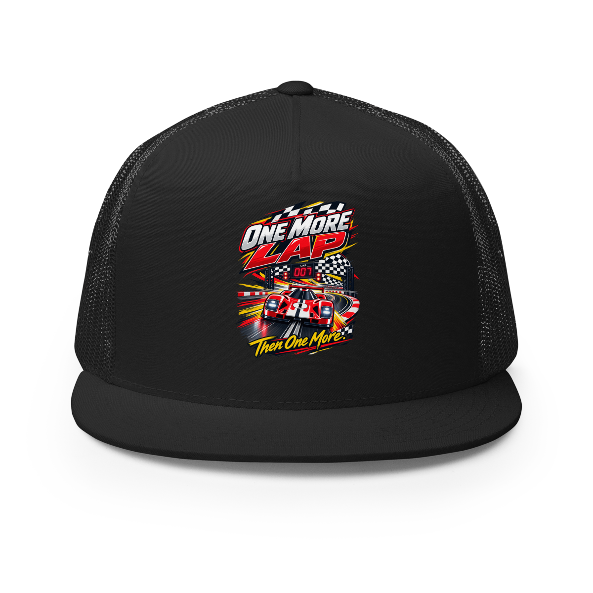One More Lap Trucker Hat product mockup
