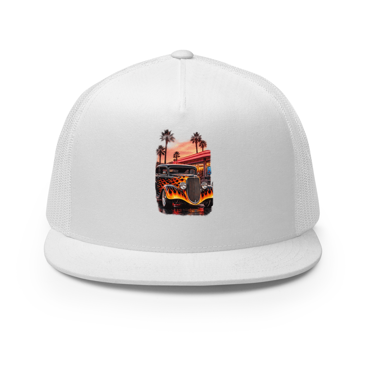 Neon Diner Flame Coupe Trucker Hat product mockup