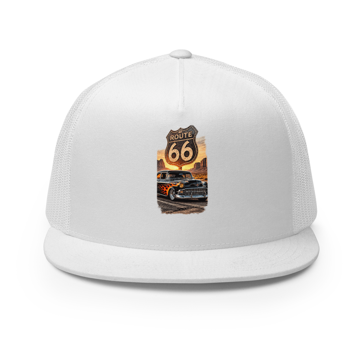 Route 66 Flame Cruiser Trucker Hat product mockup