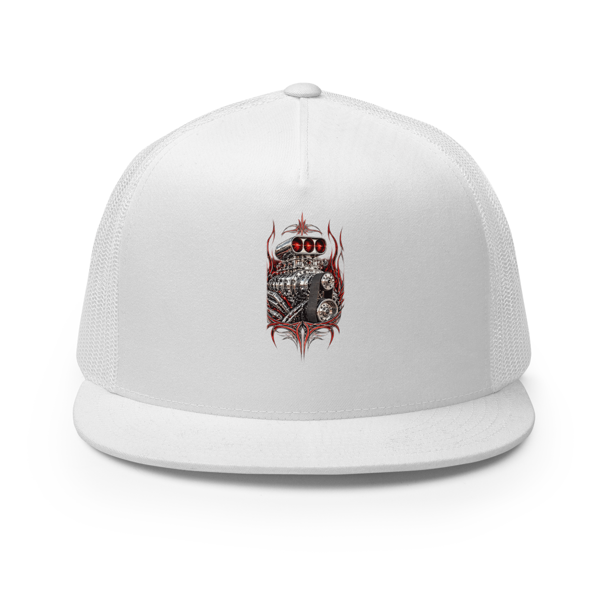 Supercharged V8 Pinstripe Trucker Hat product mockup