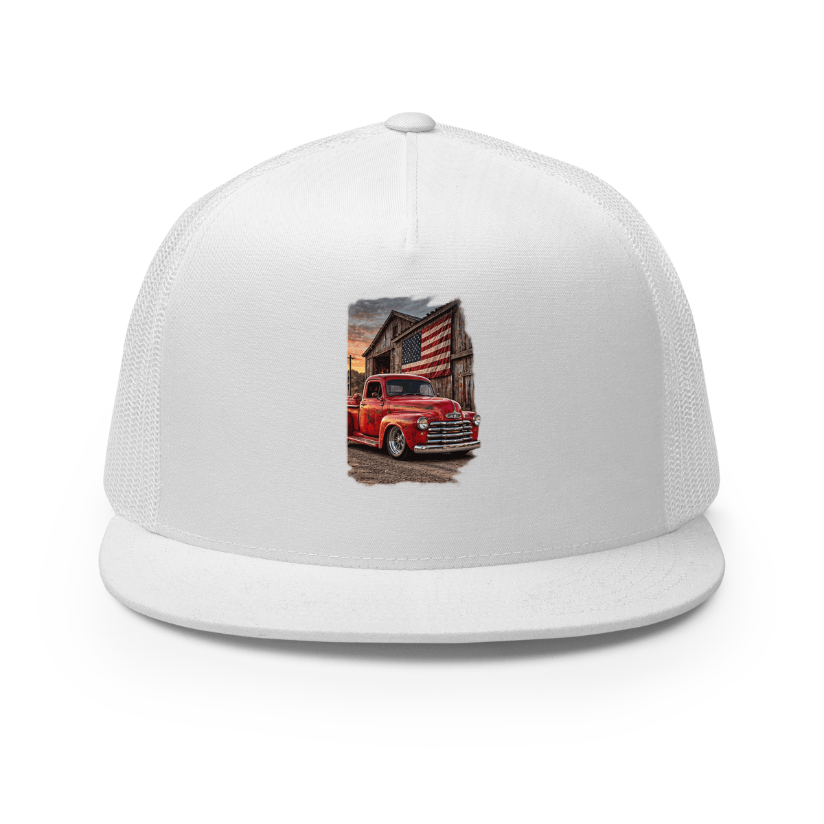 Barn Flag Red Hot Rod Pickup Trucker Hat product mockup