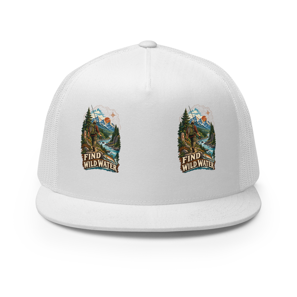 Find Wild Water Fishing Trucker Hat product mockup
