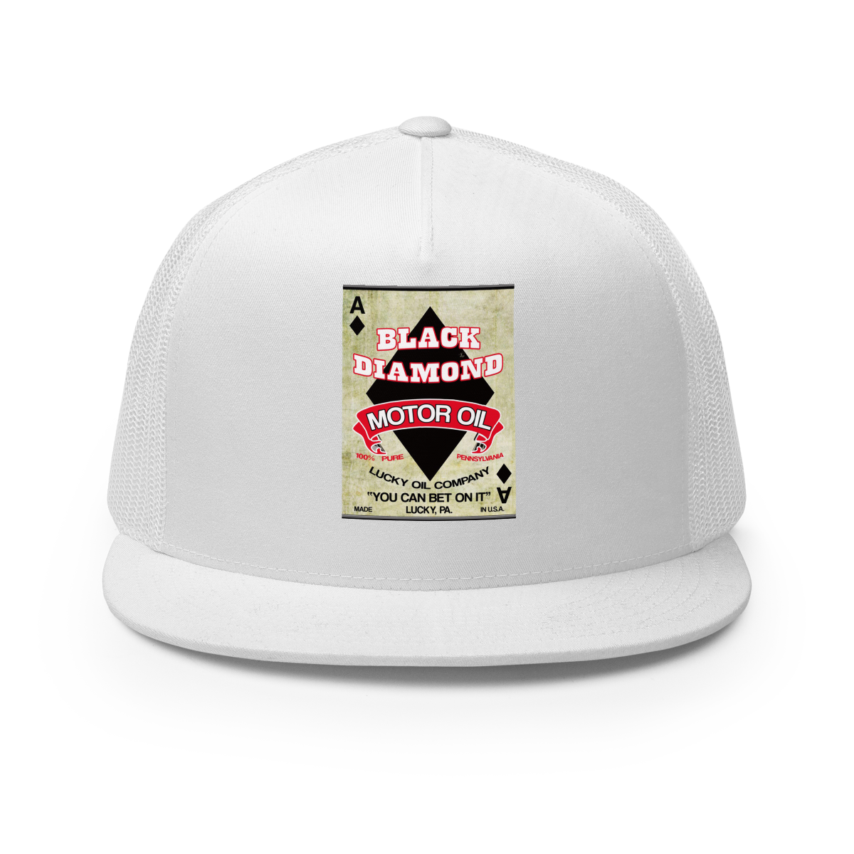Black Diamond Motor Oil Vintage T-Shirt — Muncle Mikes Trucker Hat product mockup