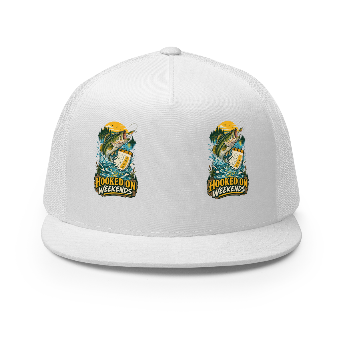 Hooked on Weekends Fishing Trucker Hat product mockup