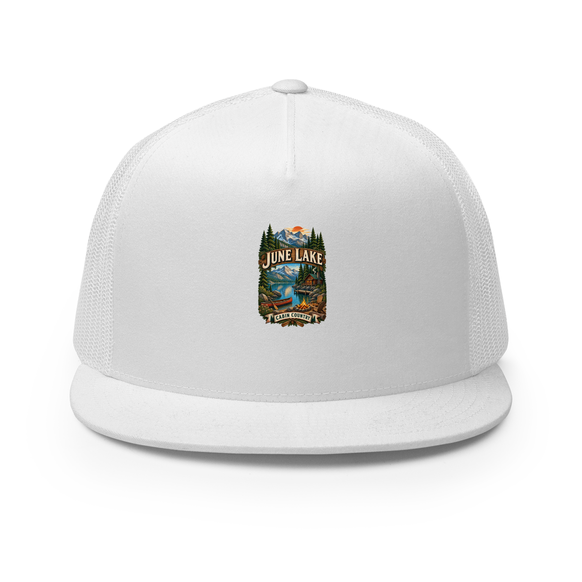 June Lake Cabin Enamel Camping Mug – Eastern Sierra Gift Trucker Hat product mockup