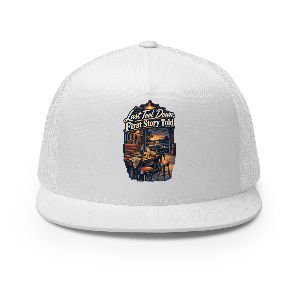 Last Tool Down First Story Told Trucker Hat product mockup