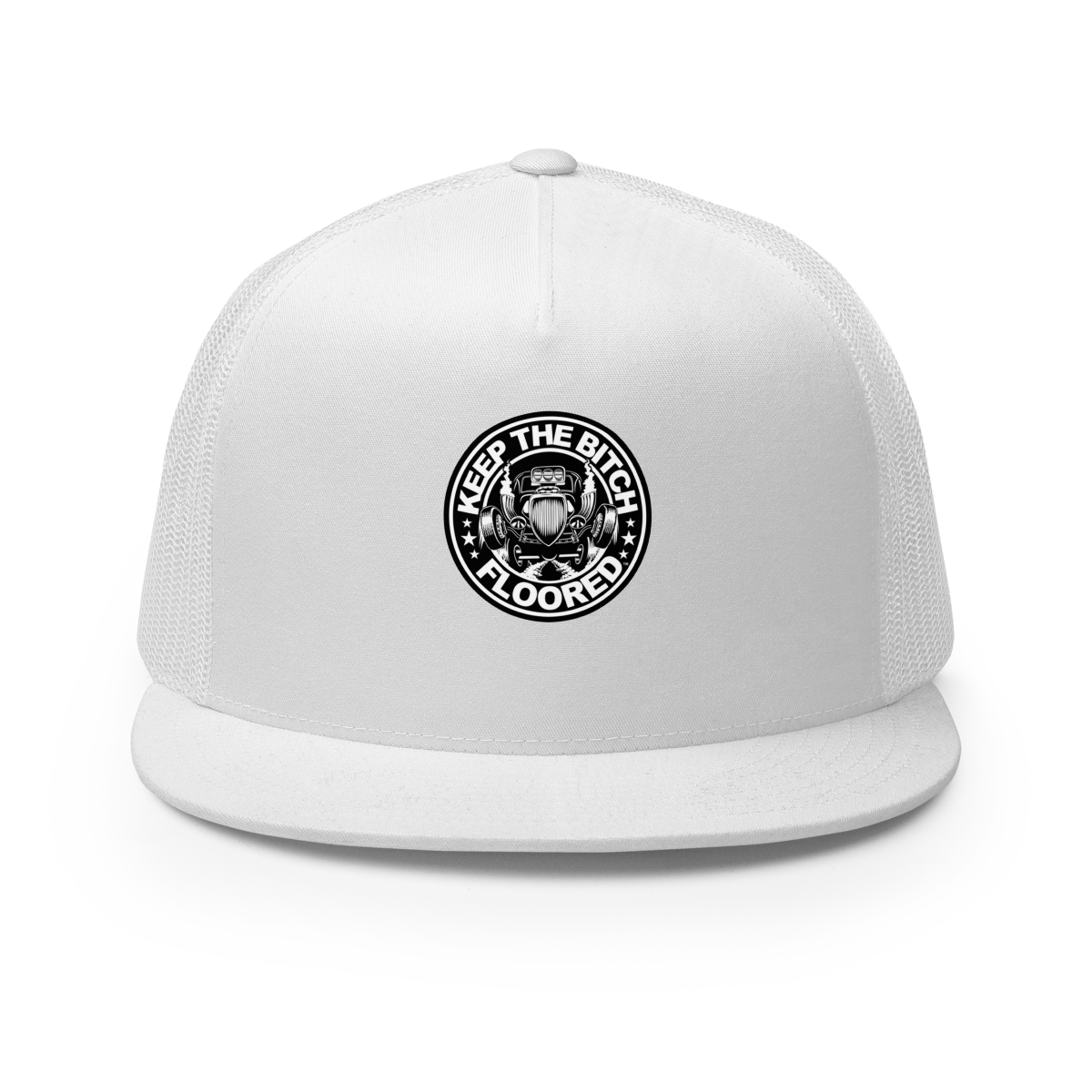 Muncle Mikes Hot Rod and Rat Rod Shirt Mayhem! - Keep it Floored Trucker Hat product mockup