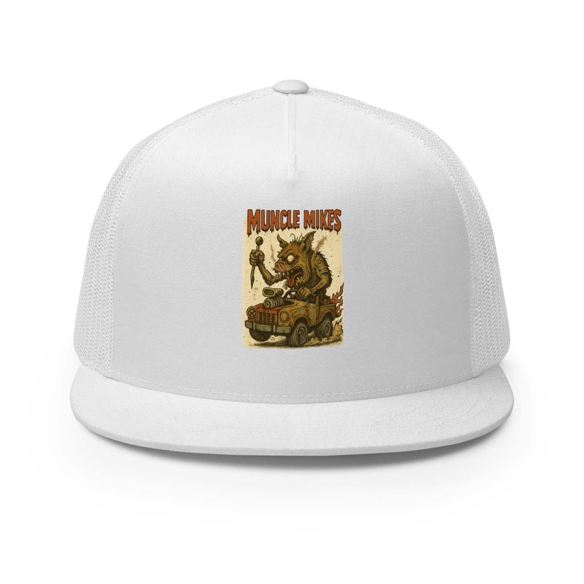 Monster Mugs 010 Hot Rod Coffee Mug — Muncle Mikes Trucker Hat product mockup