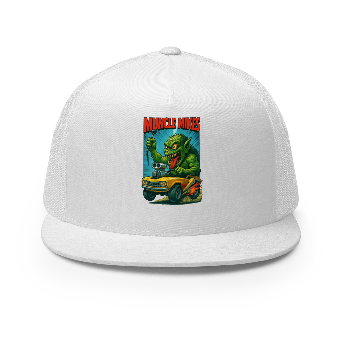 Muncle Mikes Hot Rod and Rat Rod Shirt Mayhem! Monster Rods! (003) Trucker Hat product mockup