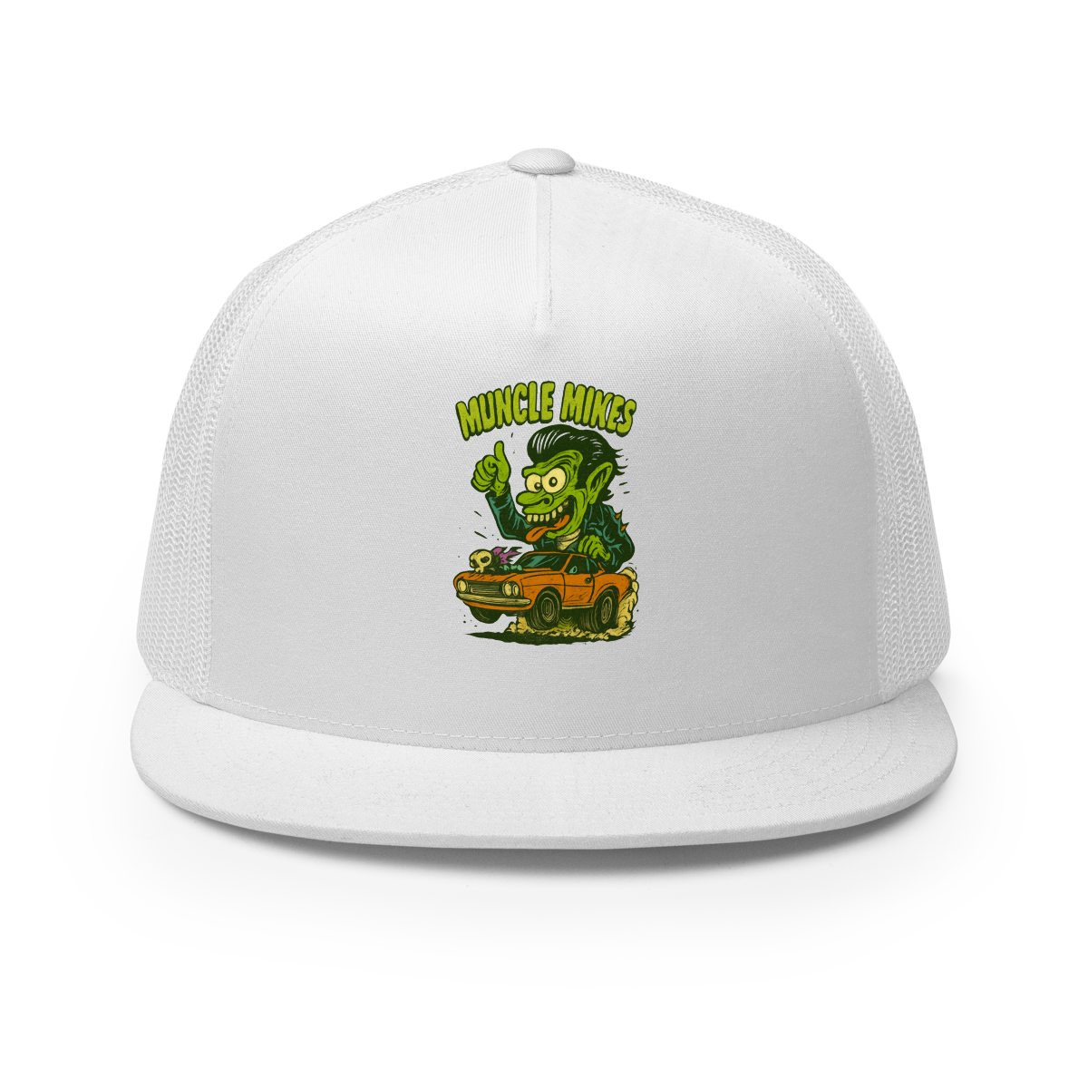 Muncle Mikes Hot Rod and Rat Rod Shirt Mayhem! Monster Rods! (011) Trucker Hat product mockup