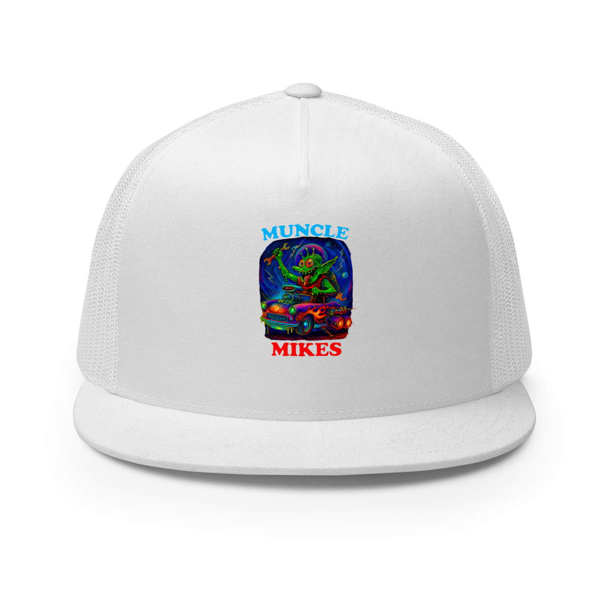 Muncle Mikes Hot Rod and Rat Rod Shirt Mayhem! Monster Rods! (019) Trucker Hat product mockup