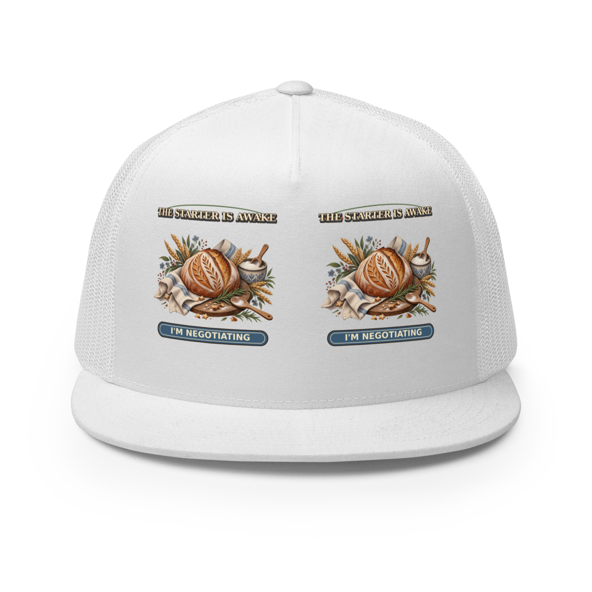 The Starter Is Awake Sourdough Trucker Hat product mockup