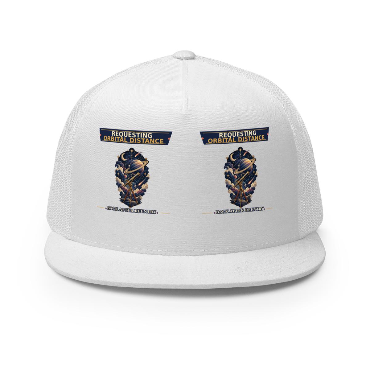Requesting Orbital Distance Trucker Hat product mockup
