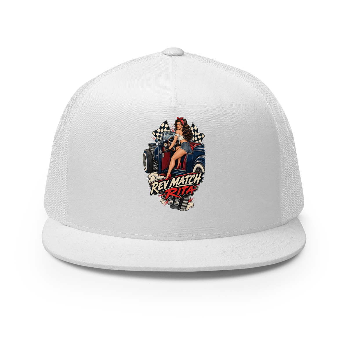 Rev Match Rita Hot Rod Trucker Hat product mockup