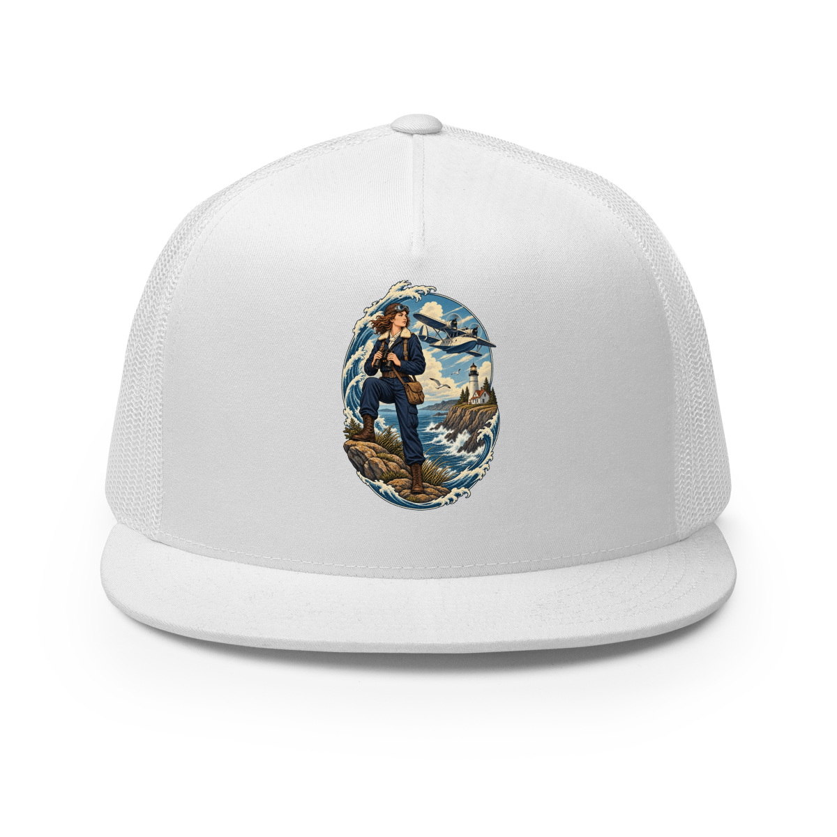 Seaplane Aviator and Lighthouse Trucker Hat product mockup