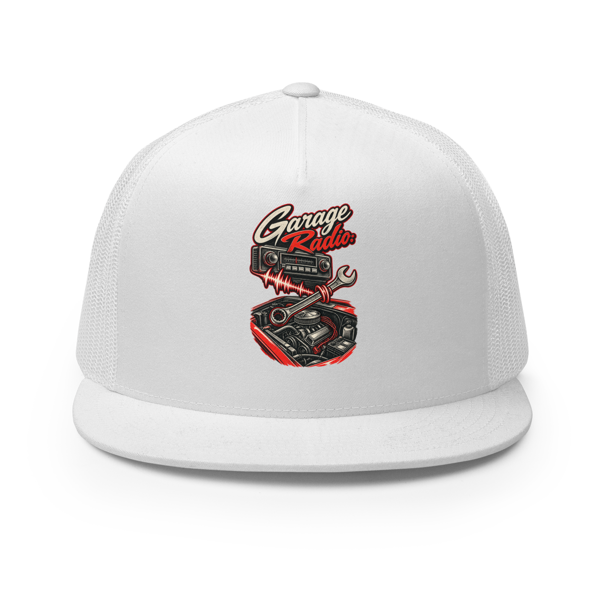 Turn Up the Garage Radio Trucker Hat product mockup