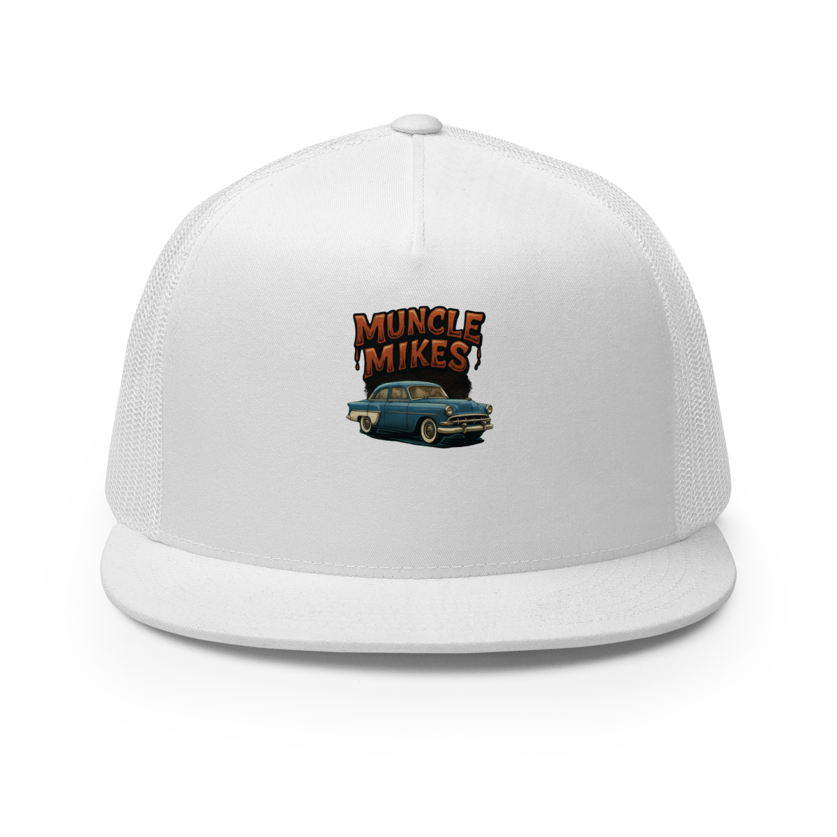 Muncle Mikes Hot Rod and Rat Rod Shirt Mayhem! Victoria Trucker Hat product mockup