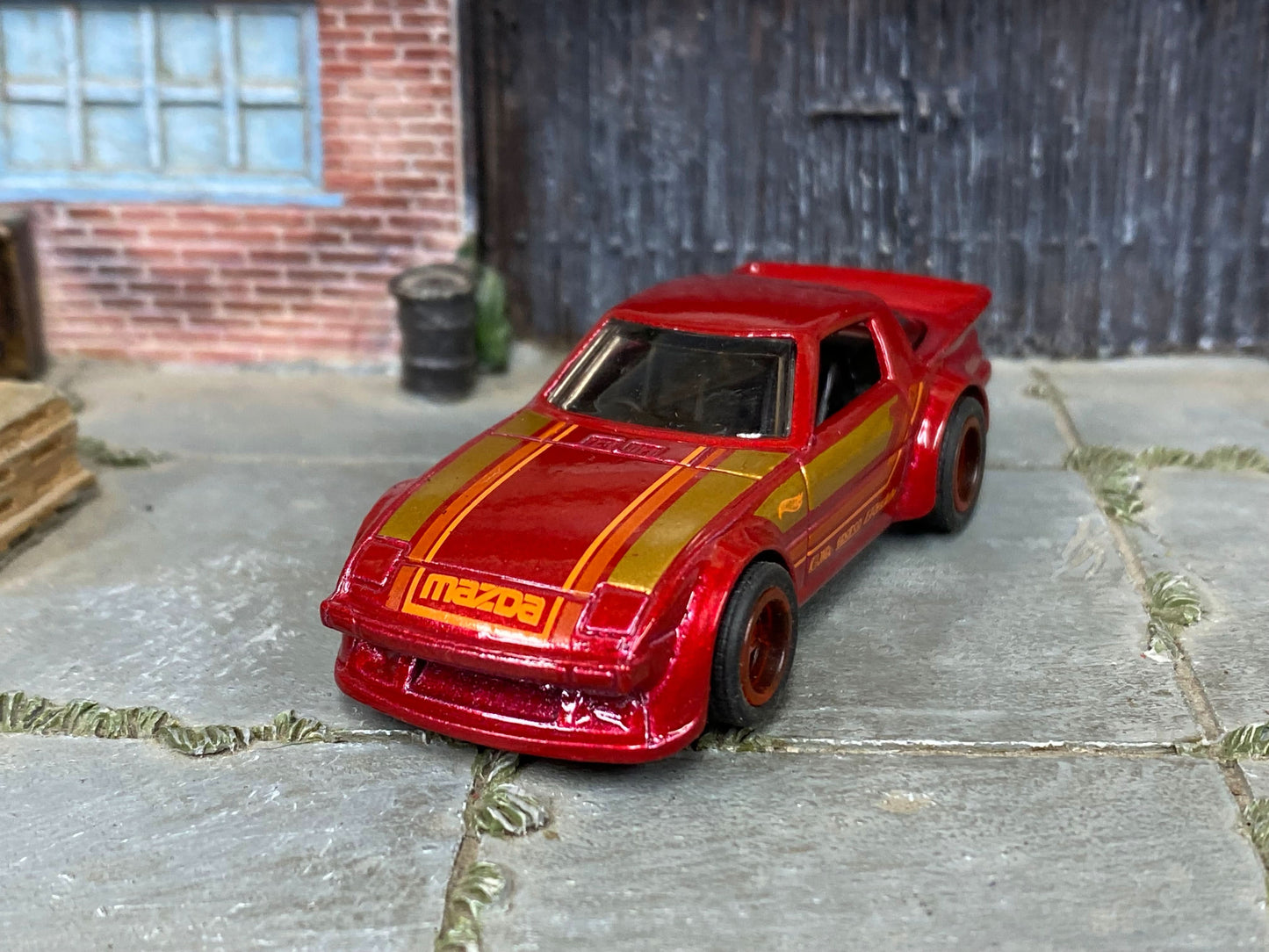 Custom Hot Wheels - Mazda RX-7 - Dark Red and Gold - Red Mag Wheels - Rubber Tires