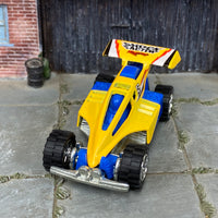 Custom Hot Wheels - Shock Factor Dune Buggy Sandrail - Yellow and Blue - Chrome Mag Wheels - Off Road Rubber Tires