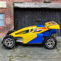 Custom Hot Wheels - Shock Factor Dune Buggy Sandrail - Yellow and Blue - Chrome Mag Wheels - Off Road Rubber Tires