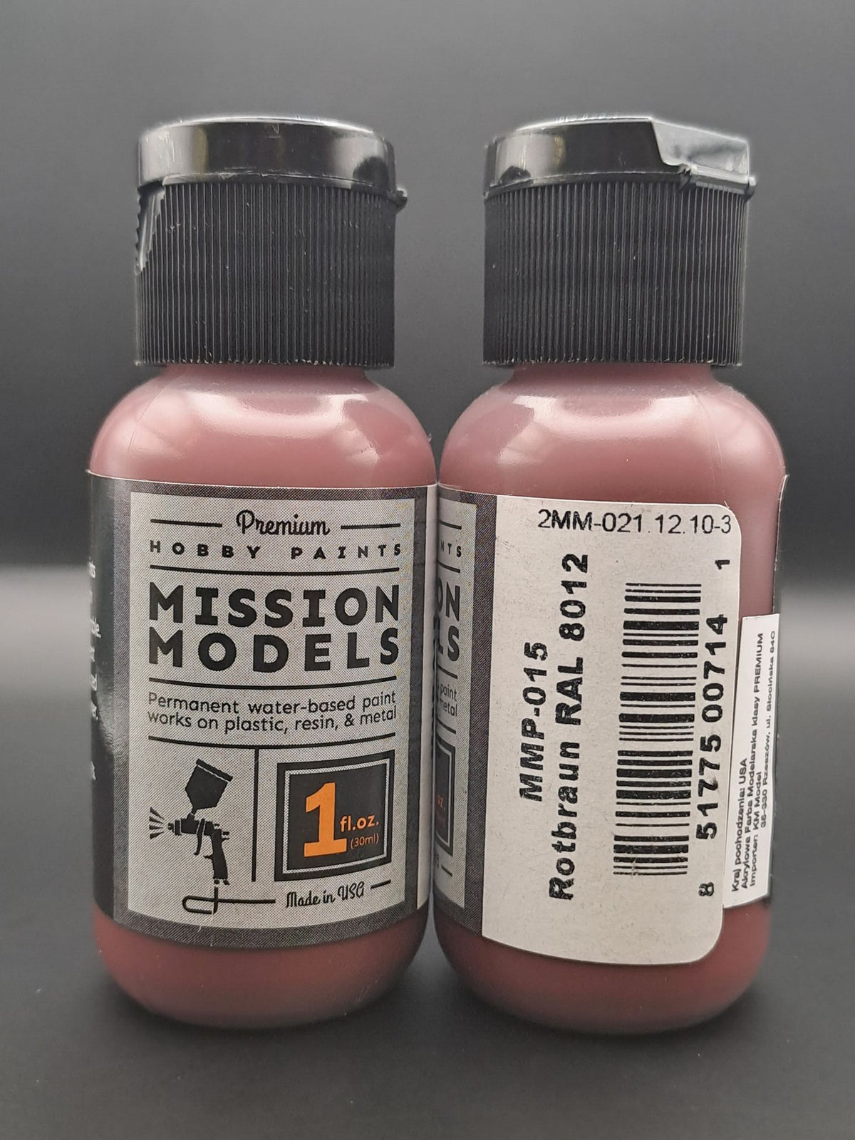 Mission Models MMP-015 Rotbraun RAL8012 front and rear bottle label views