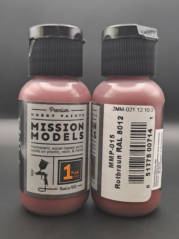 Mission Models MMP-015 Rotbraun RAL8012 front and rear bottle label views