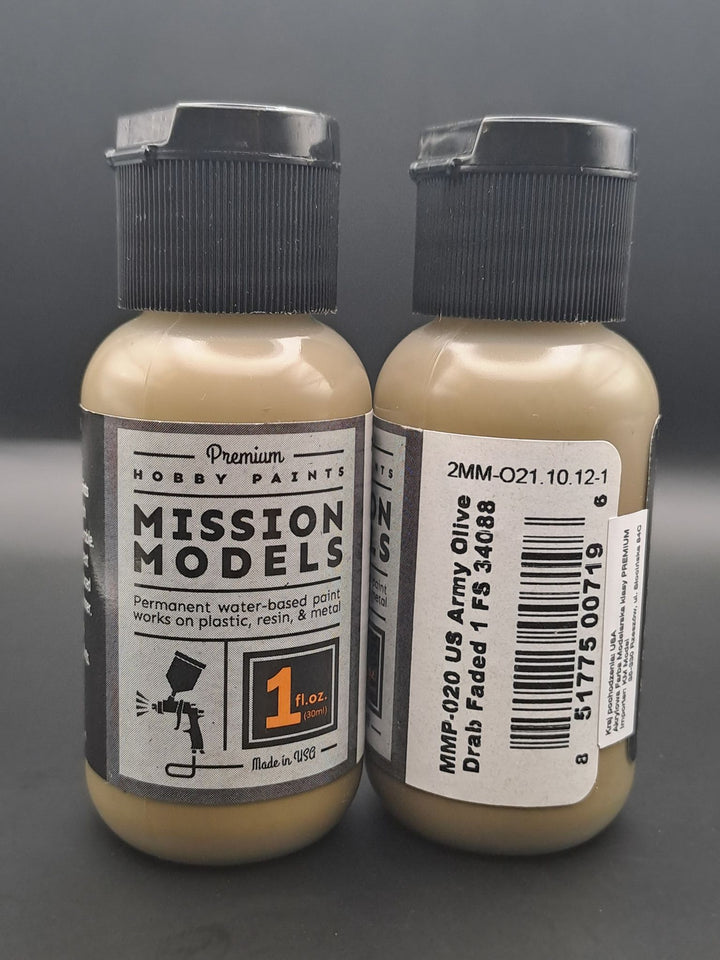 Mission Models MMP-020 US Army Olive Drab Faded1 FS34088 front and rear bottle label views