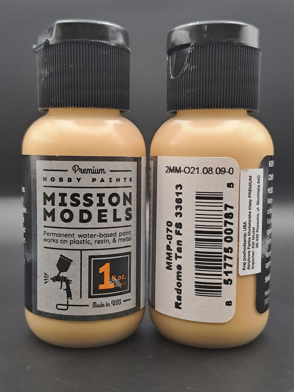 Mission Models MMP-070 Radome Tan FS 33613 front and rear bottle label views