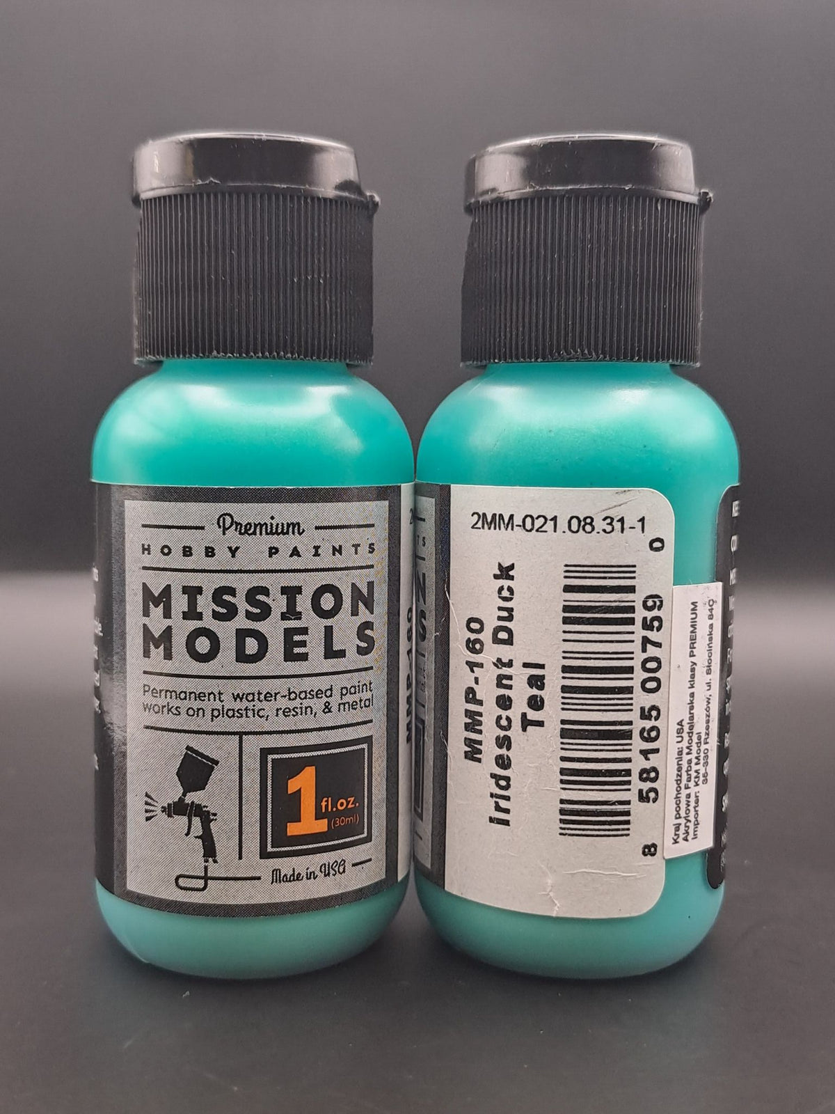Mission Models MMP-160 Iridescent Duck Teal front and rear bottle label views