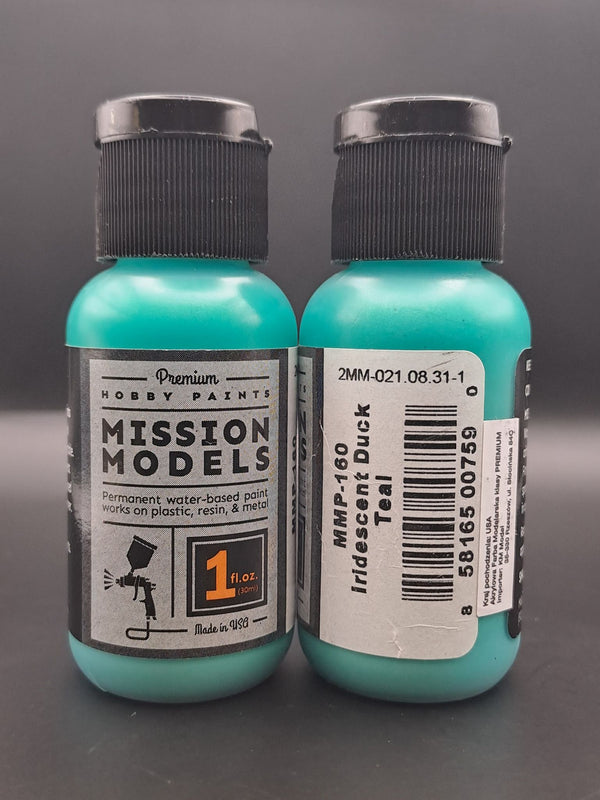 Mission Models MMP-160 Iridescent Duck Teal front and rear bottle label views