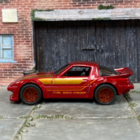 Custom Hot Wheels - Mazda RX-7 - Dark Red and Gold - Red Mag Wheels - Rubber Tires
