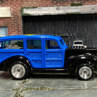 Custom Hot Wheels - 1940 Ford Woody - Black and Blue with Graphics - Chrome Steel Wheels - Rubber Tires