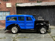 Custom Hot Wheels - 1940 Ford Woody - Black and Blue with Graphics - Chrome Steel Wheels - Rubber Tires