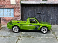 Green Volkswagen Caddy custom Hot Wheels, front three-quarter view