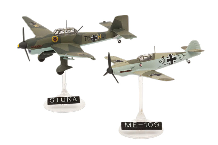 Revell Bf109E and Ju87B Stuka actual assembled models on display stands
