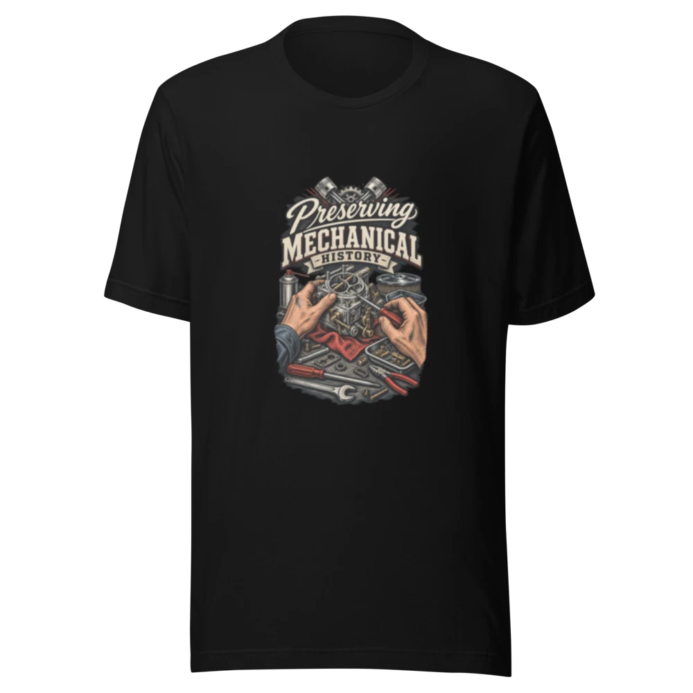 Preserving Mechanical History automotive T-shirt product mockup