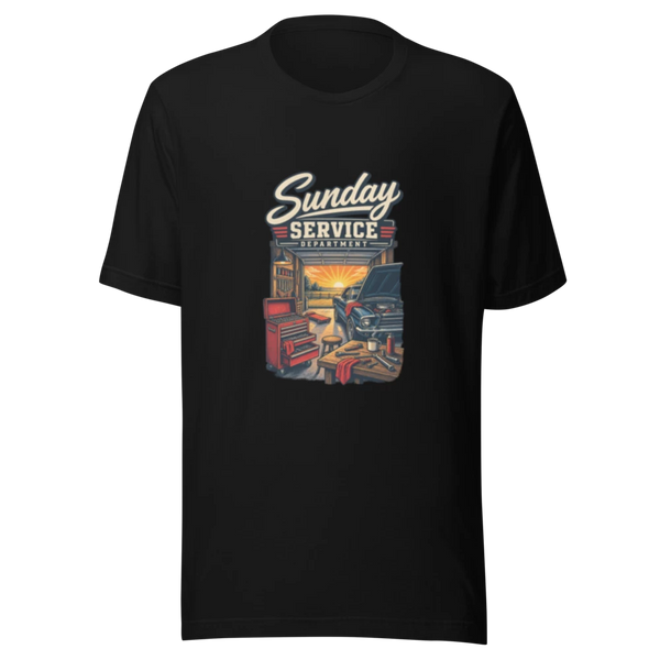 Sunday Service Department automotive T-shirt product mockup