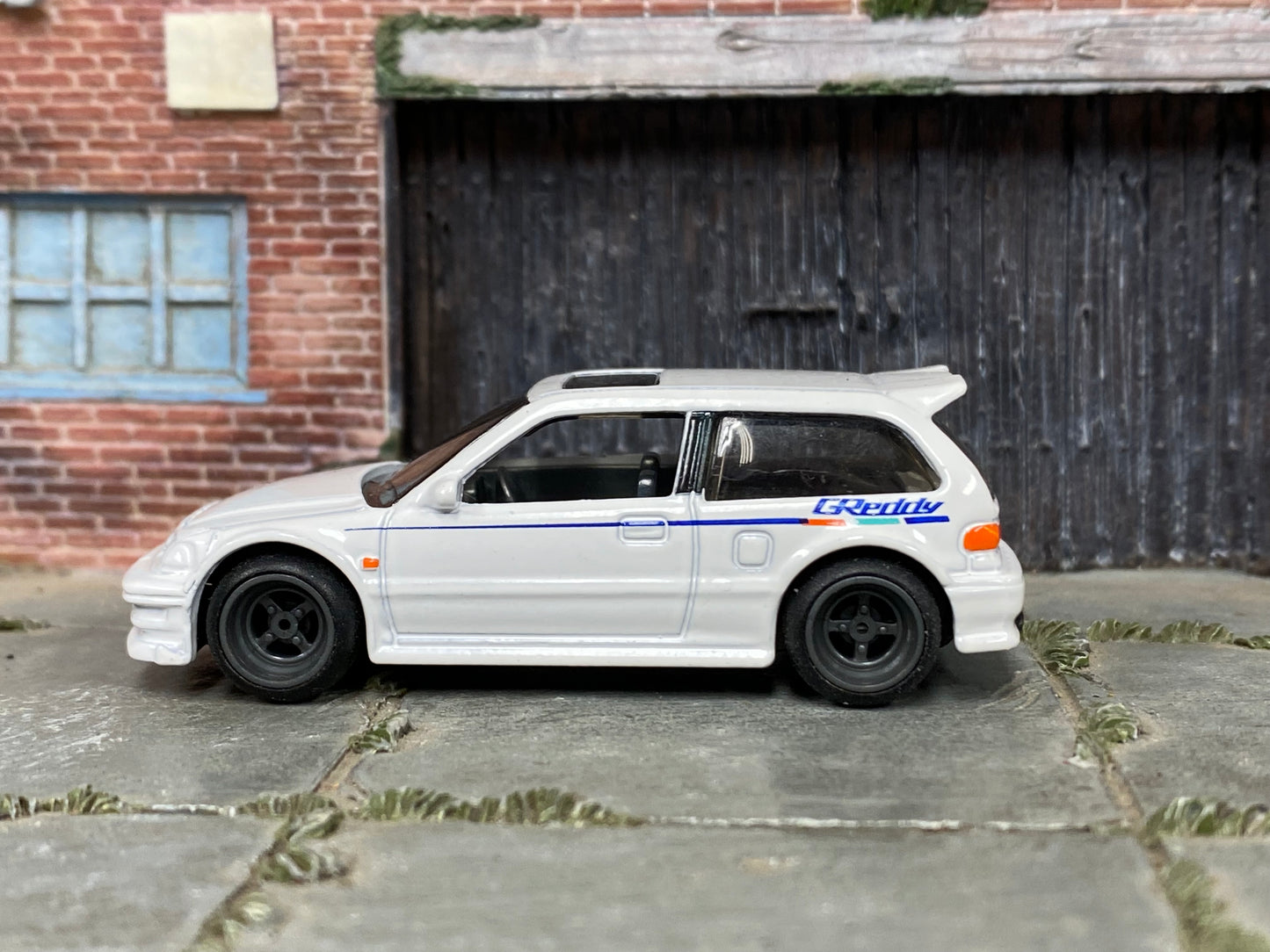 Custom Hot Wheels - Honda Civic EF - White GREDDY - Black 4 Spoke Wheels - Rubber Tires