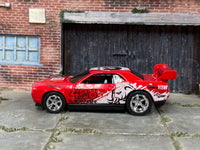 Red, white and black Dodge Challenger Drift Car, opposite side view