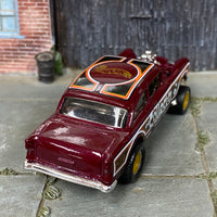 Custom Hot Wheels - 1955 Chevy Gasser - Dark Red "The Collector" - Yellow and Chrome Mag Wheels - Rubber Tires