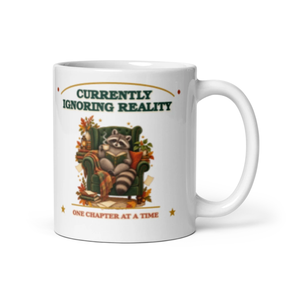 Currently Ignoring Reality Raccoon Reader Mug product mockup