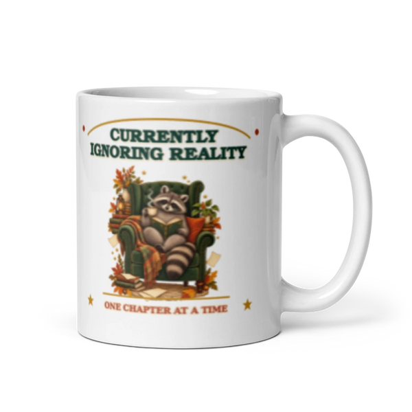 Currently Ignoring Reality Raccoon Reader Mug product mockup