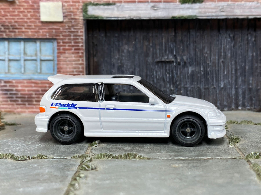 Custom Hot Wheels - Honda Civic EF - White GREDDY - Black 4 Spoke Wheels - Rubber Tires