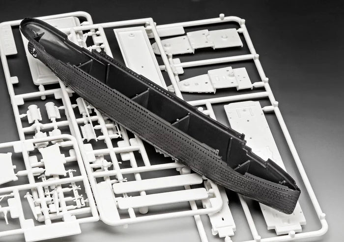 Actual molded hull and plastic sprues of Revell 75804 RMS Titanic 1:1200 starter model kit