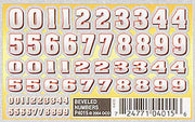 Photographed PineCar P4015 Beveled Numbers transfer sheet showing three number sizes and exact product barcode